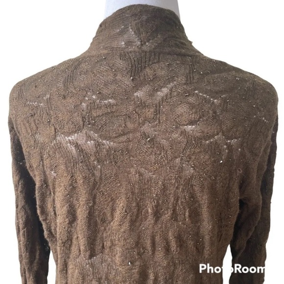 Eileen Fisher Brown Crystal Beaded Merino Wool Drape Front Cardigan Small - Picture 5 of 12